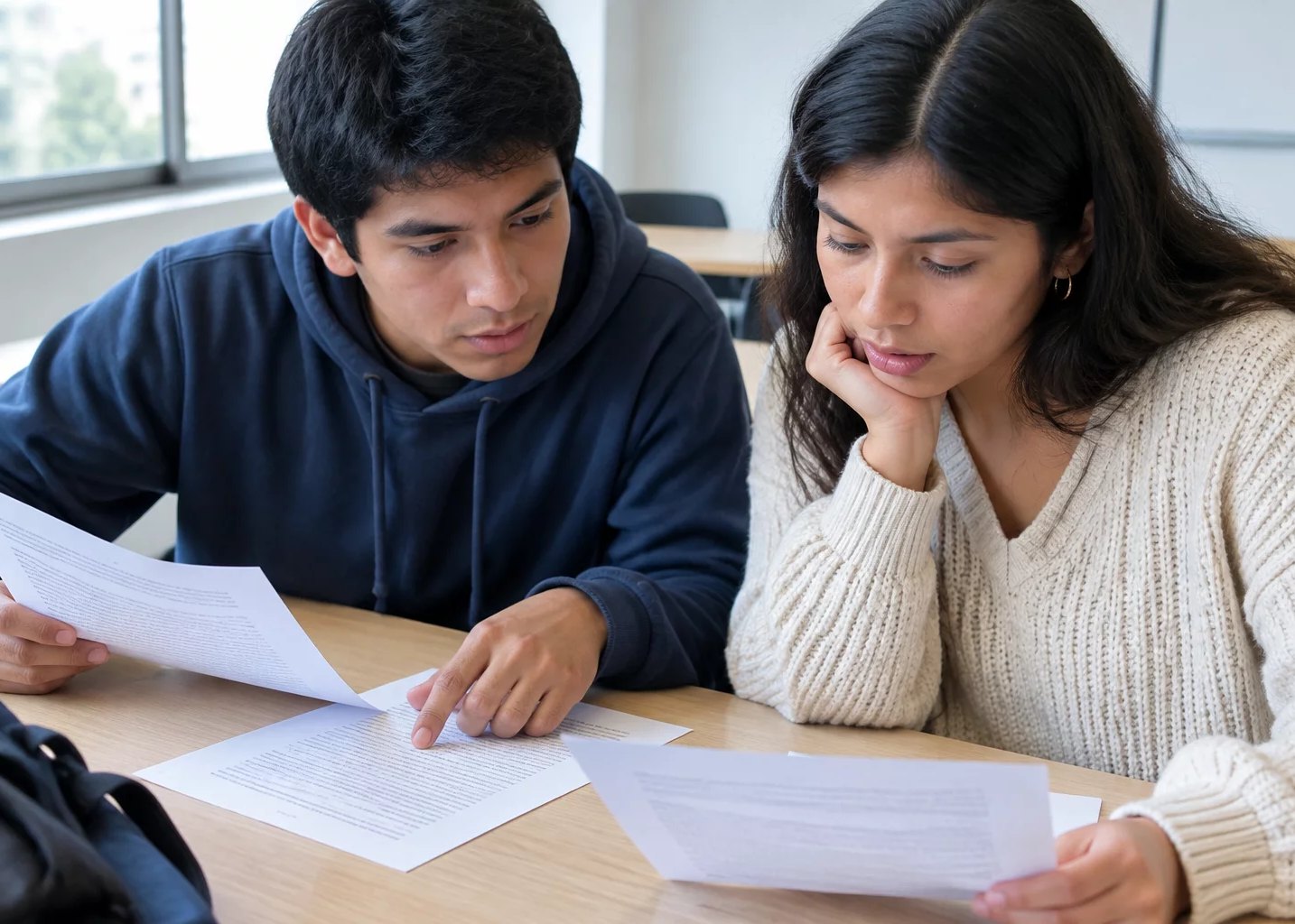 Dos personas leyendo hojas de argumento impresas en la mesa