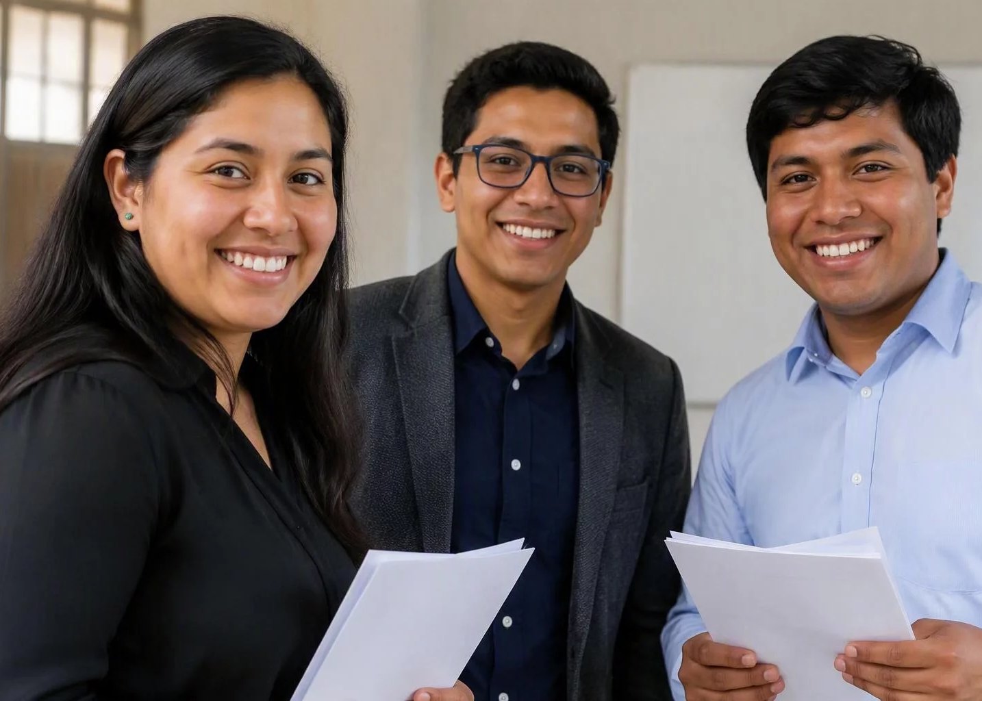 Tres adultos sonriendo al terminar una ronda, con las hojas en la mano