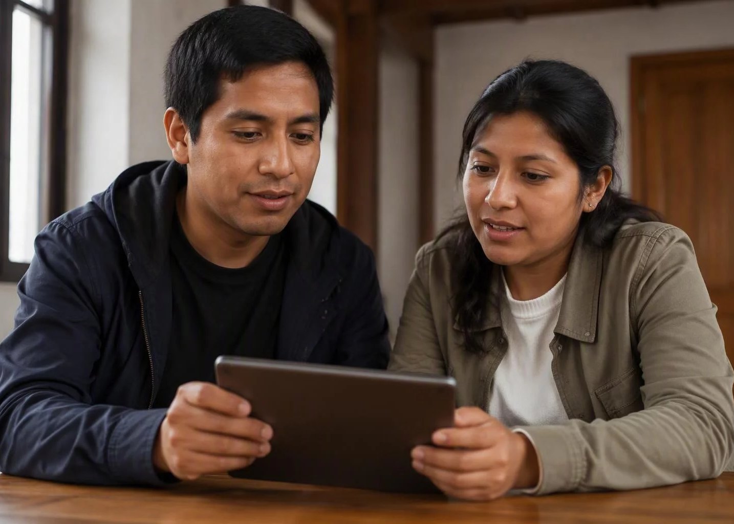 Dos colegas releyendo apuntes en una tablet apoyada en una mesa de madera
