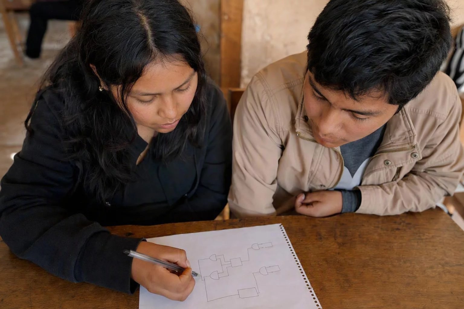 Vista cenital de un escritorio con un diagrama de lógica trazado a mano y un lapicero