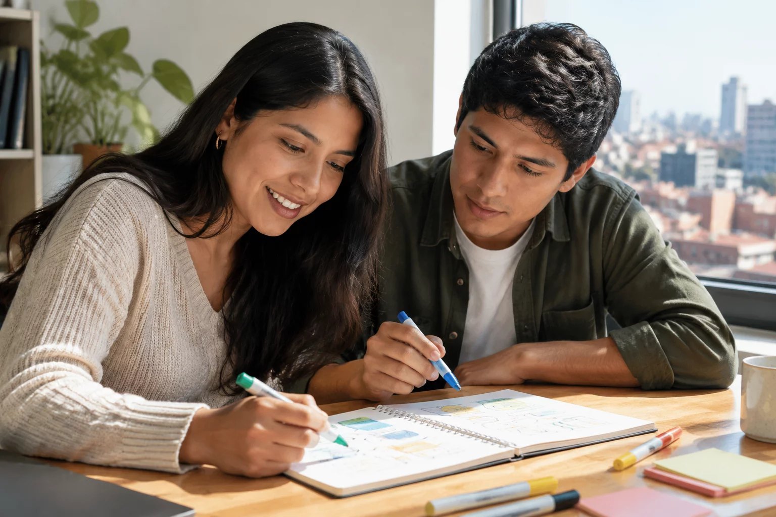 Dos personas preparando la ronda con cuadernos y plumones de colores